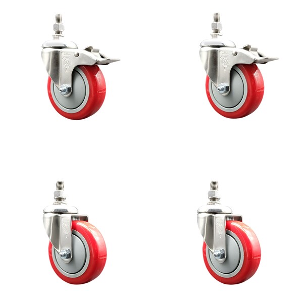 Service Caster 4 Inch 316SS Red Polyurethane 12mm Threaded Stem Caster Lock Brake, 2PK SS316TSTTL20S414-PPUB-RED-M1215-2-S2 - main